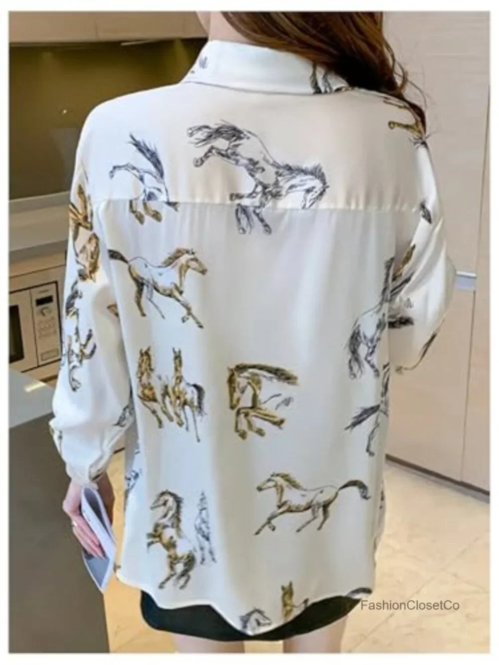 Polyester Graphic Horse Print Long Sleeve Button Down Shirt Blouse Western Top - Picture 2 of 4